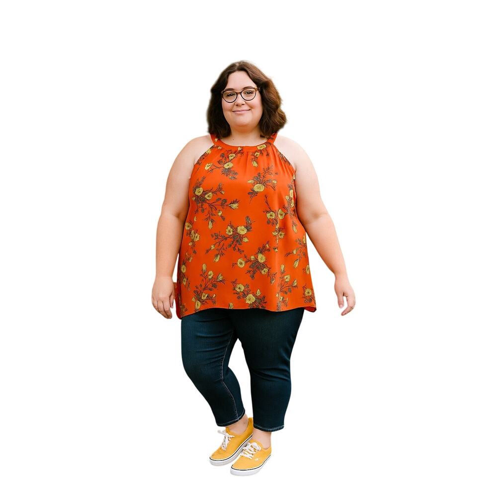 Torrid Size 4X Orange Floral High Neck Handkerchief Hem Tank Top plus size